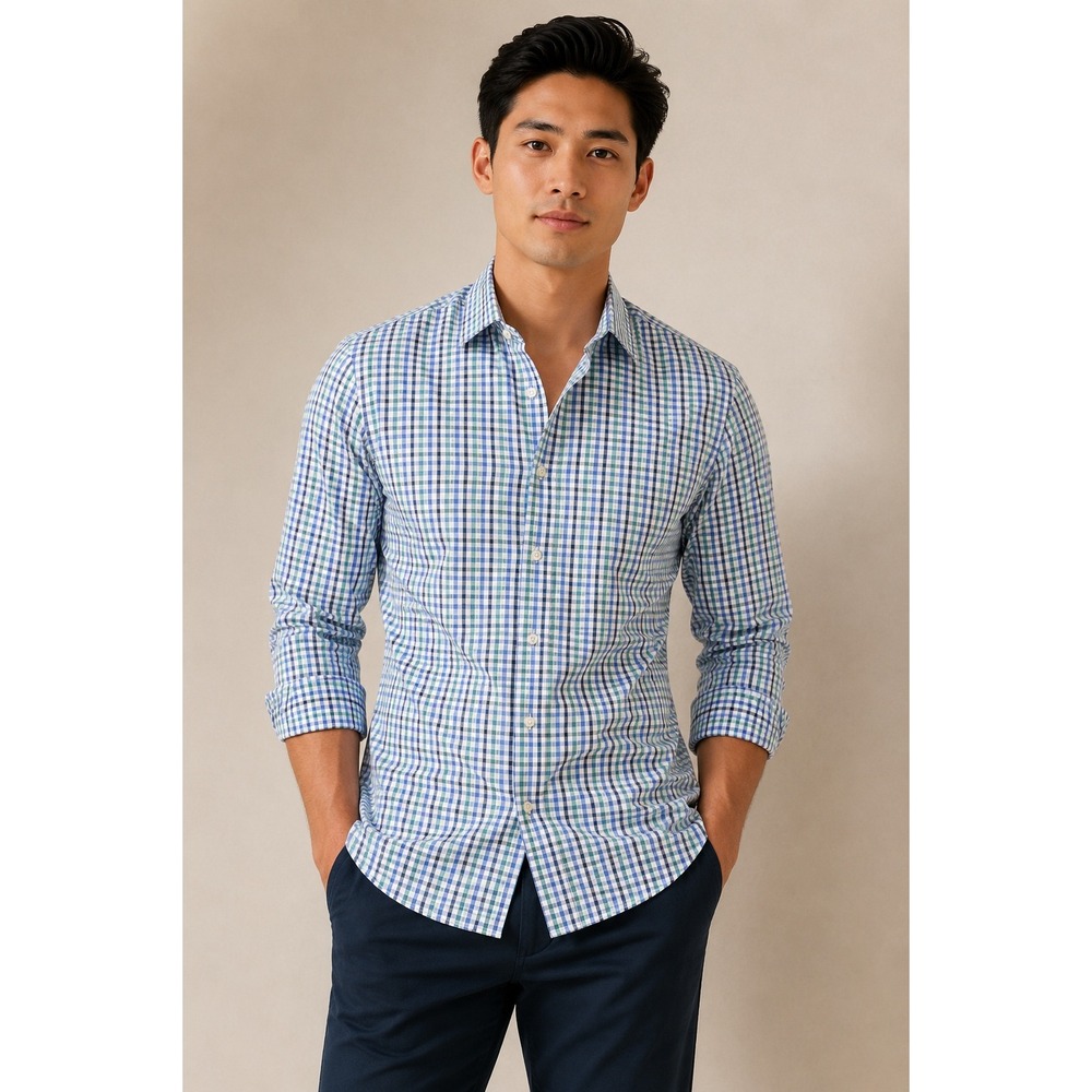 Banana Republic Mens Slim‎ Fit Non-Iron Plaid Button Up Shirt Blue White Size M